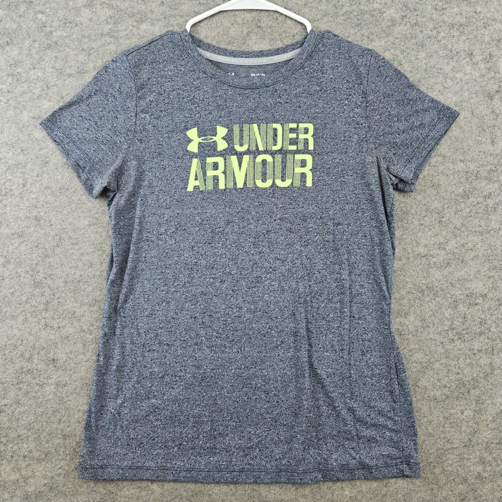 Under Armour T-Shirt Womens Small Blue Lime Green Threadborne HeatGear Loose Top